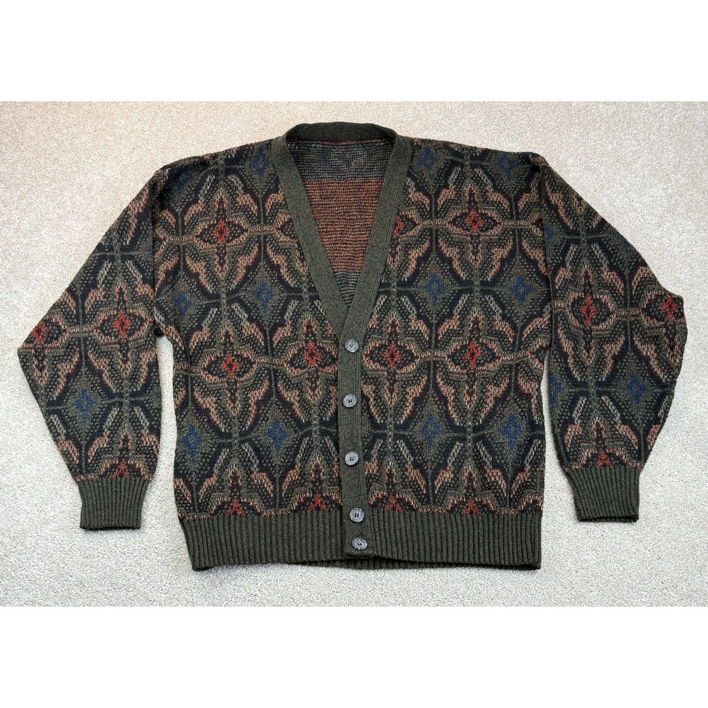 Vtg Jantzen Sweater Men's LARGE Cardigan Multicolor Grandpa 80s 90s Knit USA